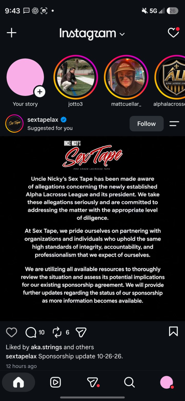 Screenshot of Sex Tape Lax’s October 26 statement reviewing its Alpha sponsorship
